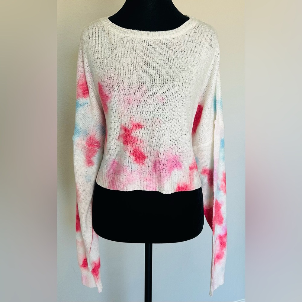 POL Tie Dye Pink & Blue Lightweight Cropped Knit Sweater Size M Oversized F22601
